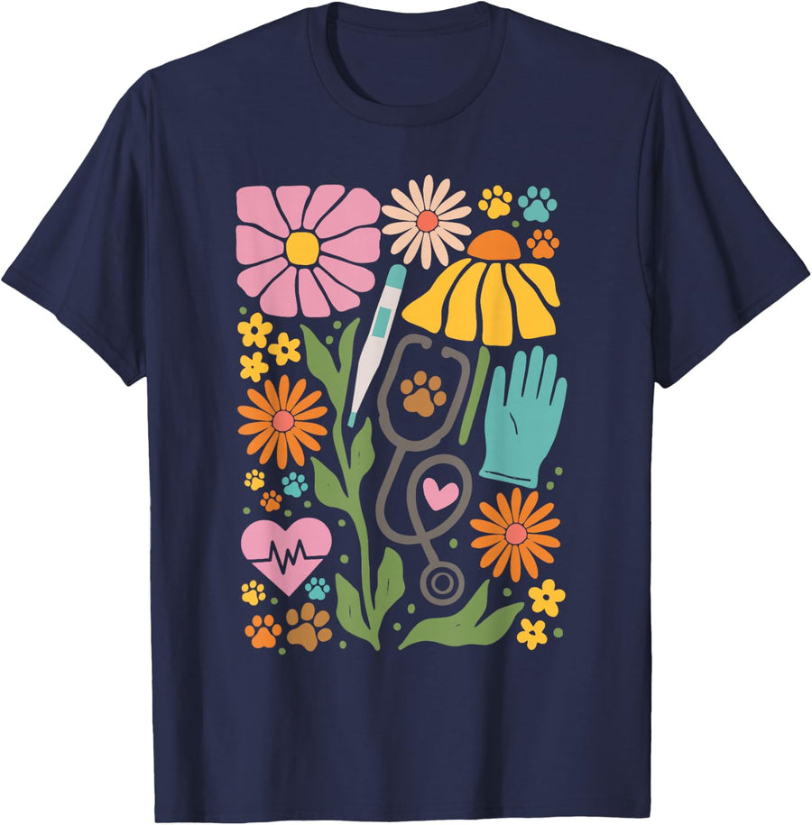 Boho Flower Veterinary Medicine Vet Tech Shirts for Women Men Tees Veterinarian T-Shirt - Navy Blue