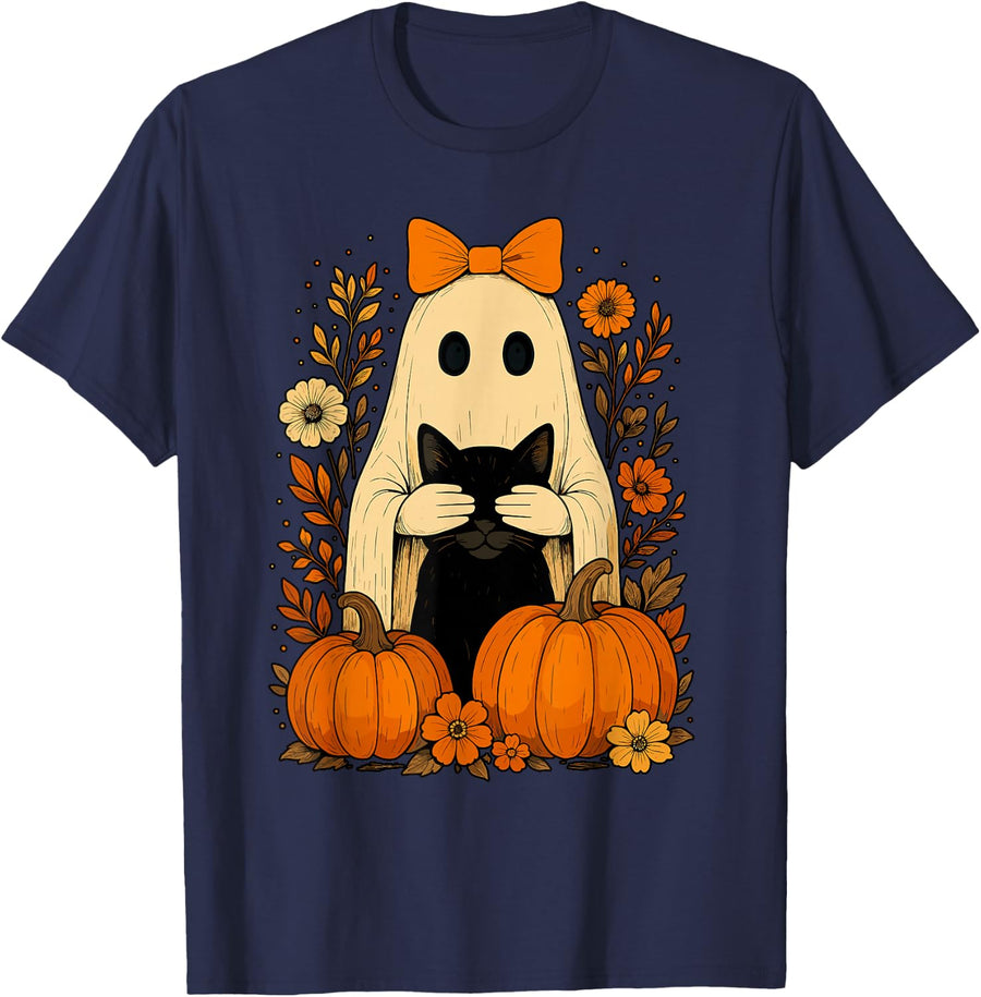 Funny Ghost Bow Holding Black Cat Fall Halloween T-Shirt - Navy Blue