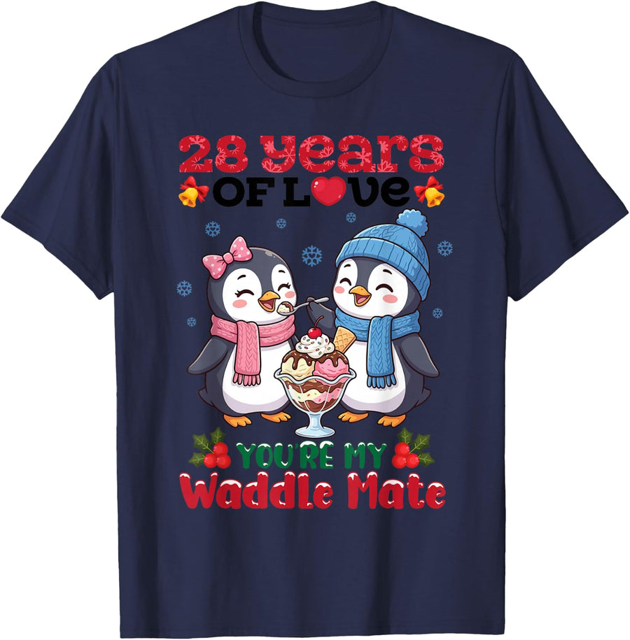 Penguin 28 Years of Love You are My Waddle Mate Anniversary T-Shirt - Navy Blue