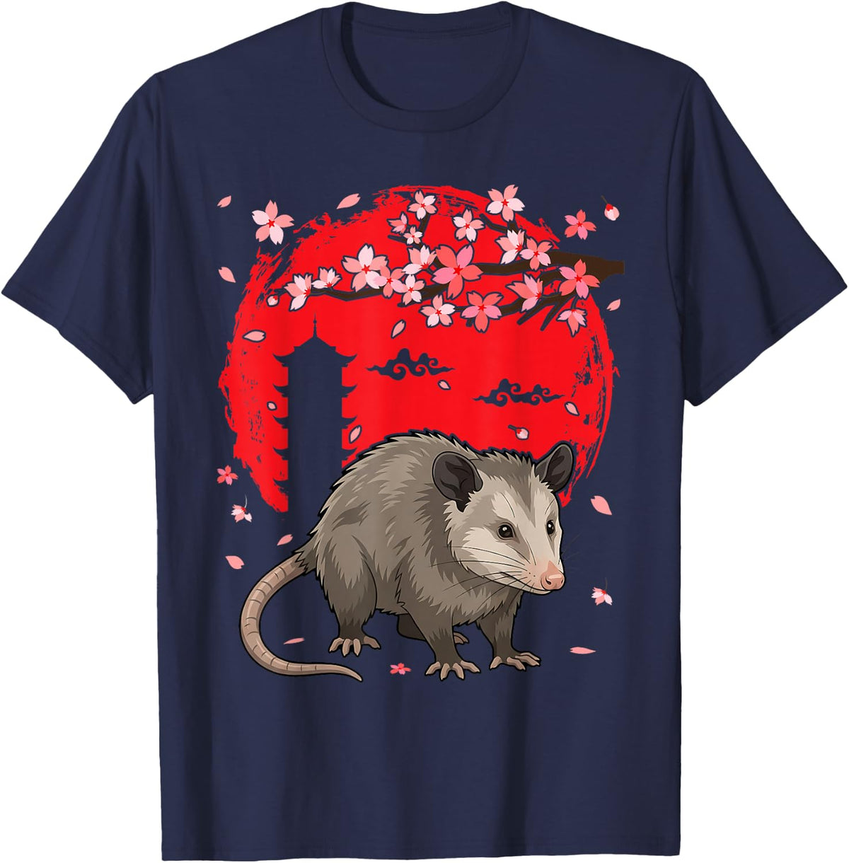 Opossum Sakura Cherry Blossom Possum Japanese Art Graphic T-Shirt - Navy Blue