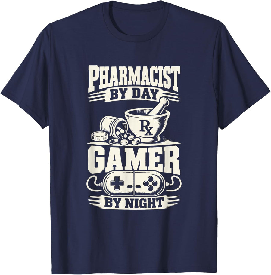 Gamer Pharmacist Funny Video Game Pharmacy Joke T-Shirt - Navy Blue