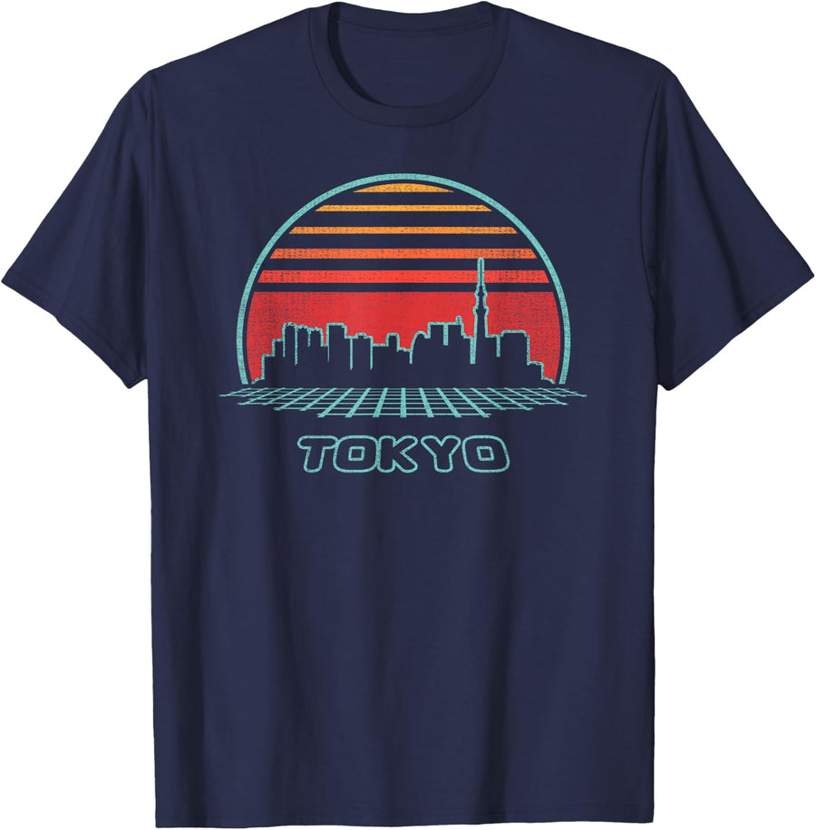 Tokyo City Skyline Retro 80s Style Souvenir Gift T-Shirt - Navy Blue