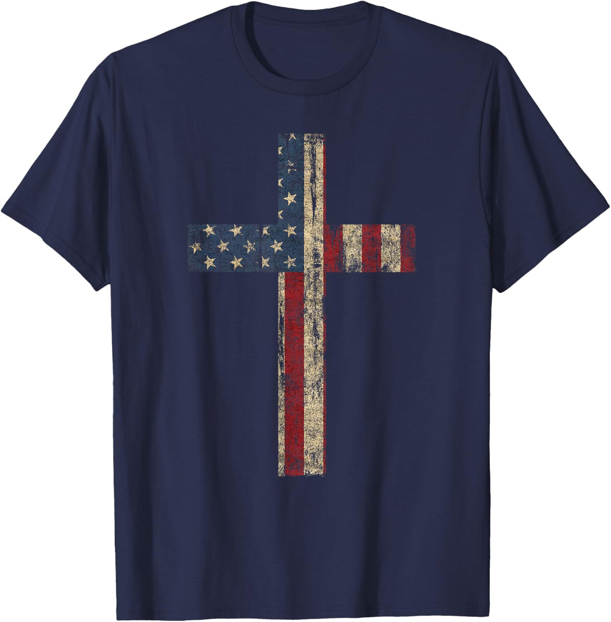 Patriotic Cross - American Flag Faith US Independence Day T-Shirt - Navy Blue