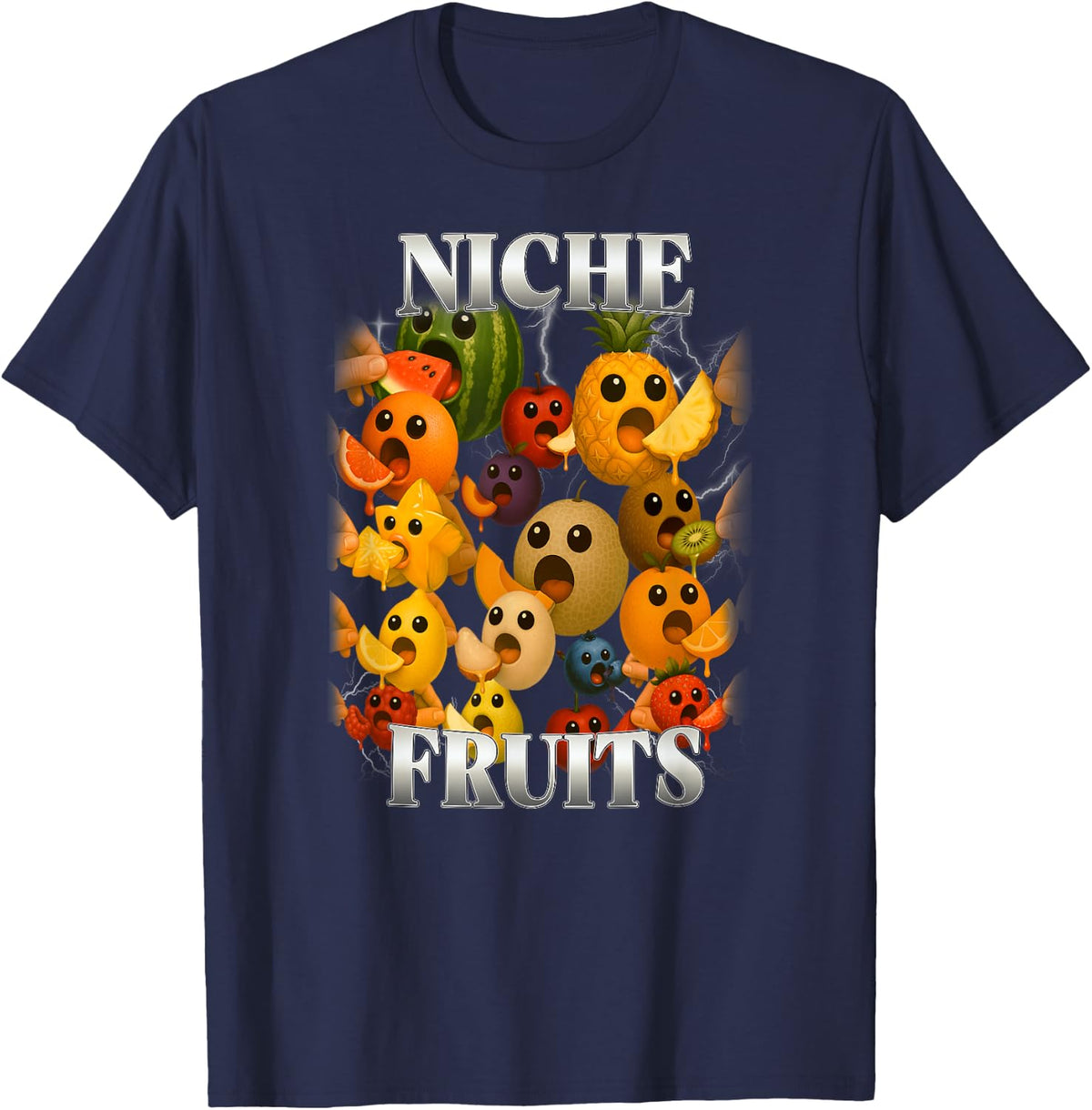 Niche Fruits Eating Themselves Al Fruit Meme Bootleg 90s T-Shirt - Navy Blue