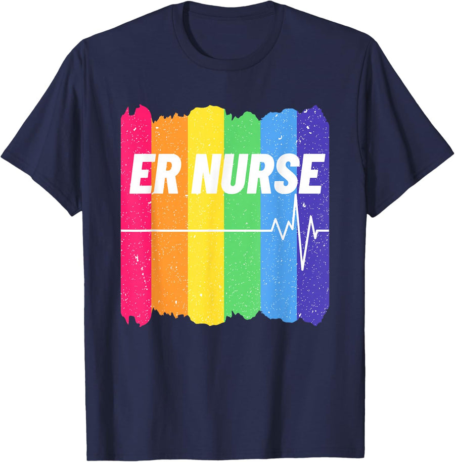 Nurse LGBT Rainbow ER ICU Nursing Cool Gay Pride Flag Ally T-Shirt - Navy Blue