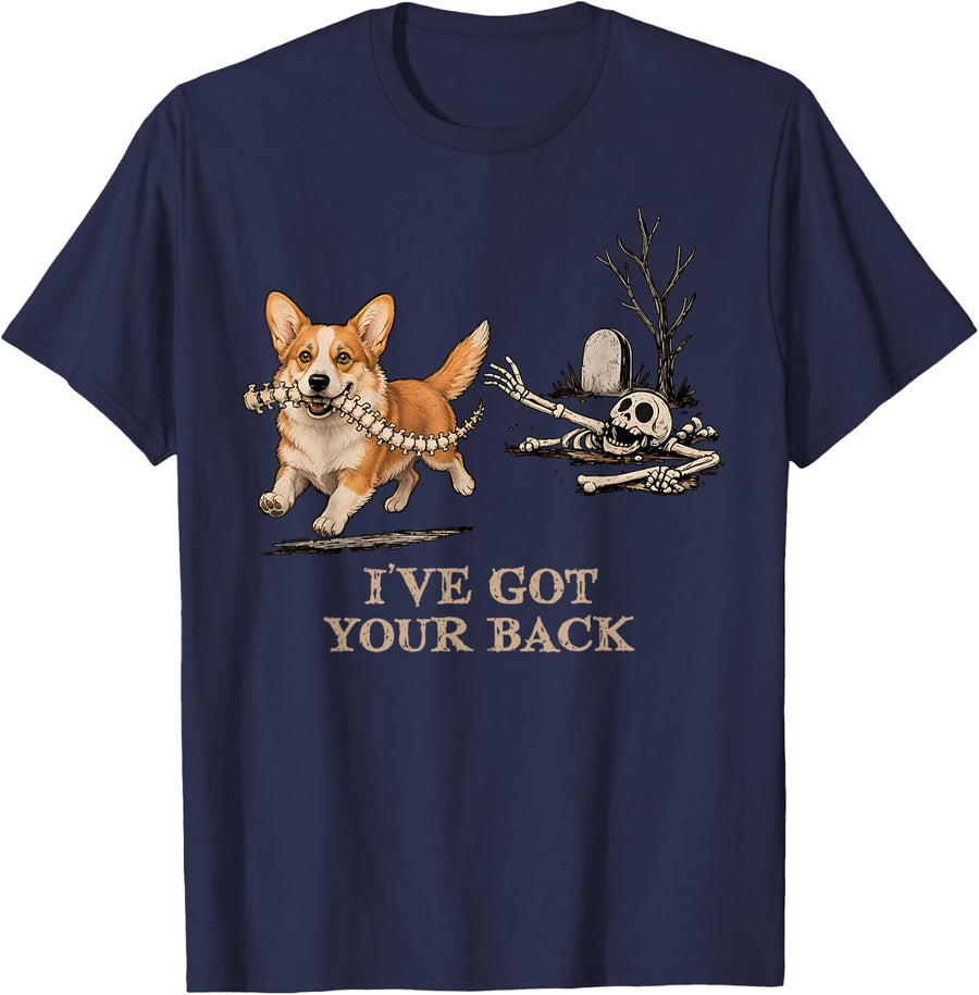 I've Got Your Back Corgi Stealing Bone Skeleton Halloween T-Shirt - Navy Blue