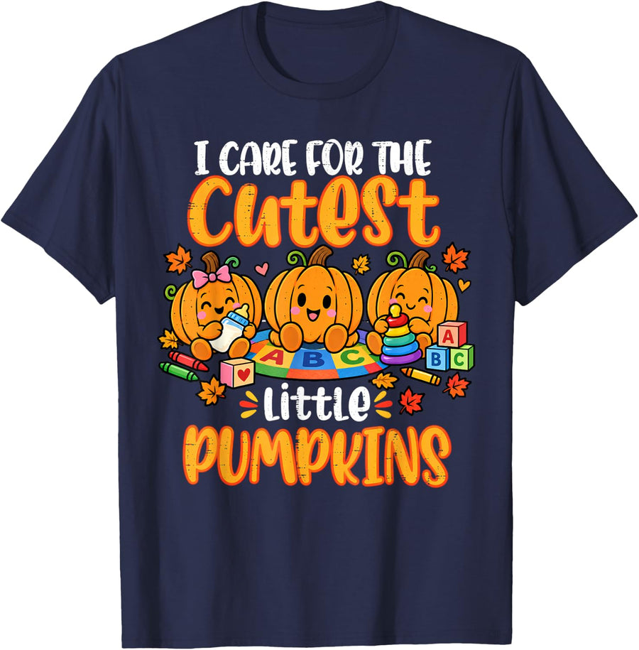 I Care for The Cutest Little Pumpkins Teacher Halloween T-Shirt - Navy Blue