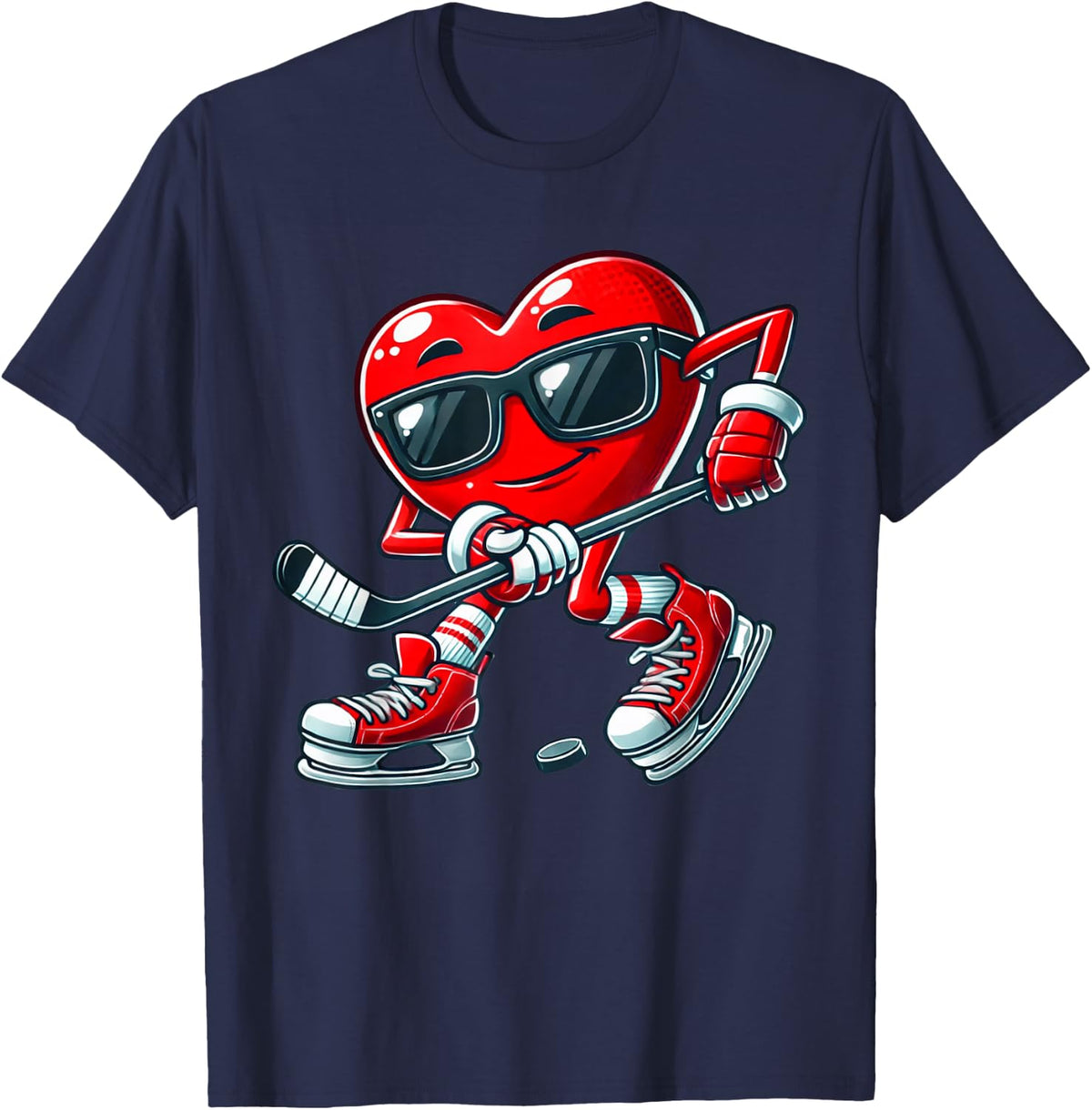 Valentines Day Ice Hockey Funny Red Heart Love Boys Kids T-Shirt - Navy Blue