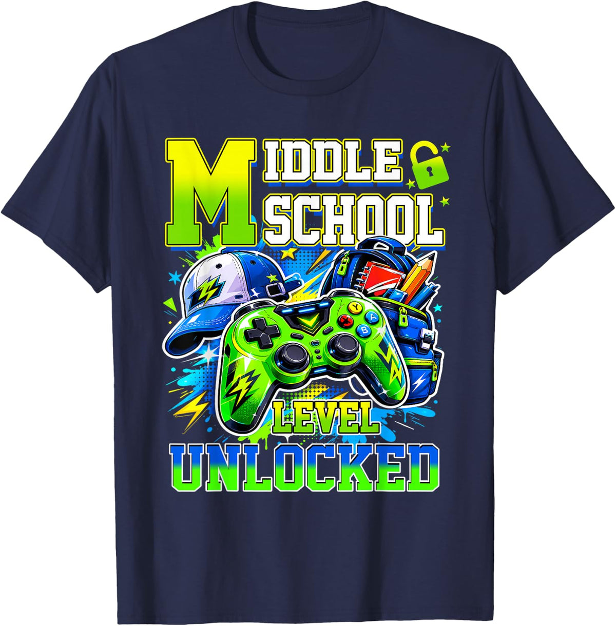 Middle School Level Unlocked Video Gamer Back to School Boys T-Shirt - Navy Blue