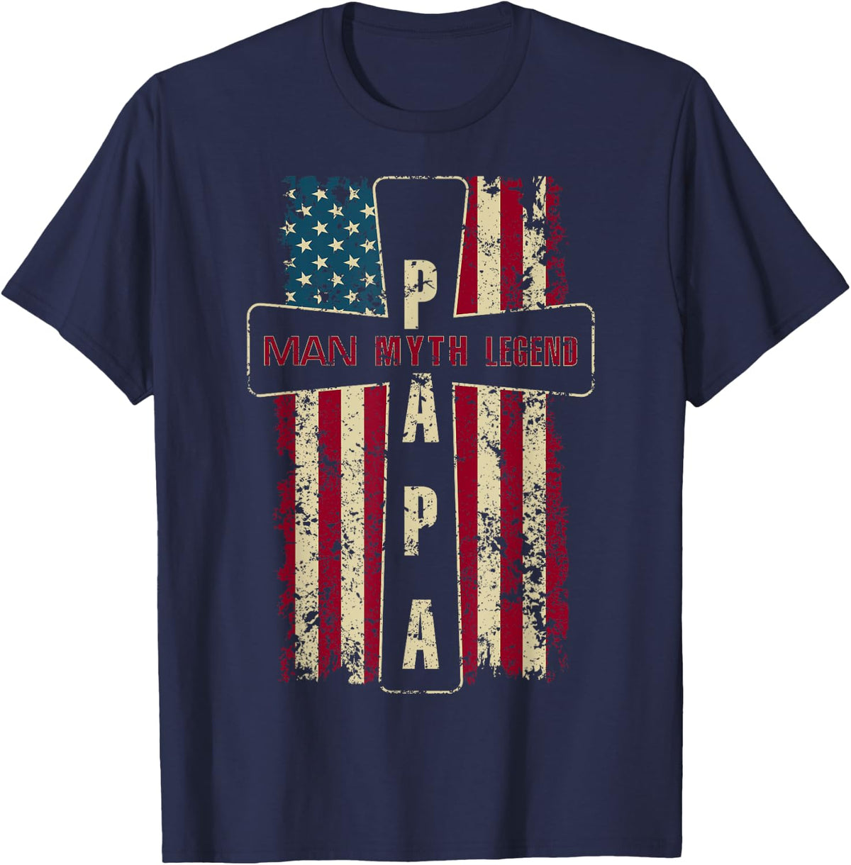 Papa Man Myth Legend USA American Flag Christian Cross T-Shirt - Navy Blue