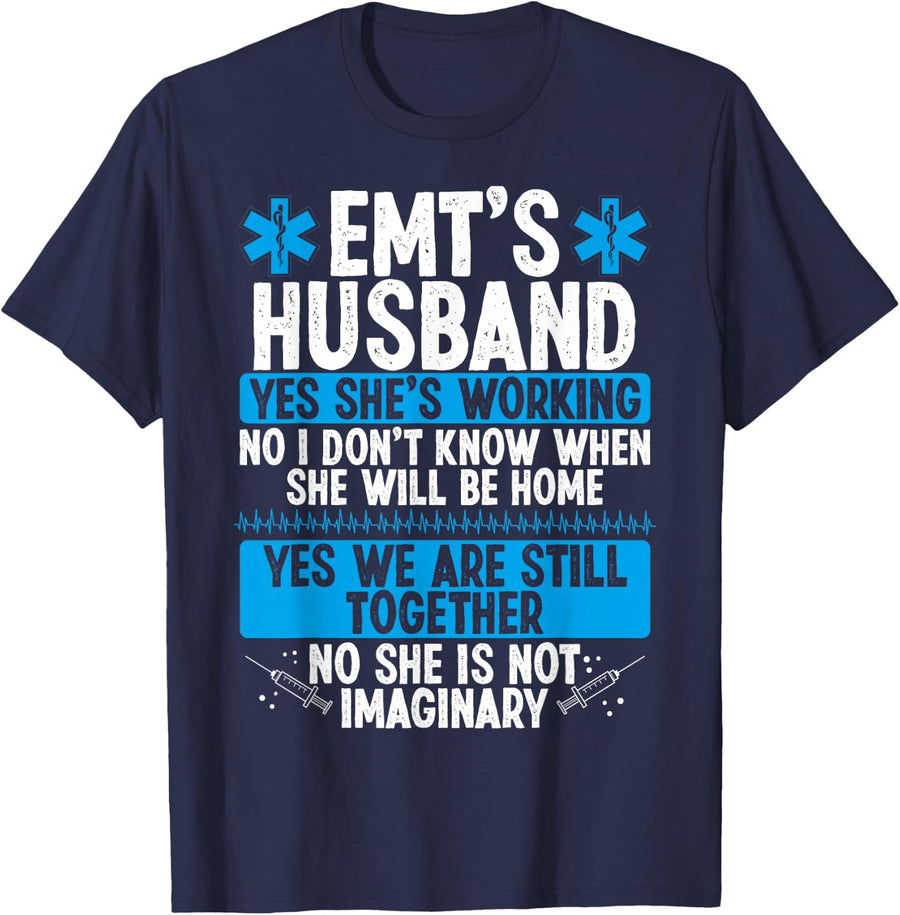 Night Shift EMT Funny T-Shirt for Paramedic Husband Wife EMS Tees - Navy Blue