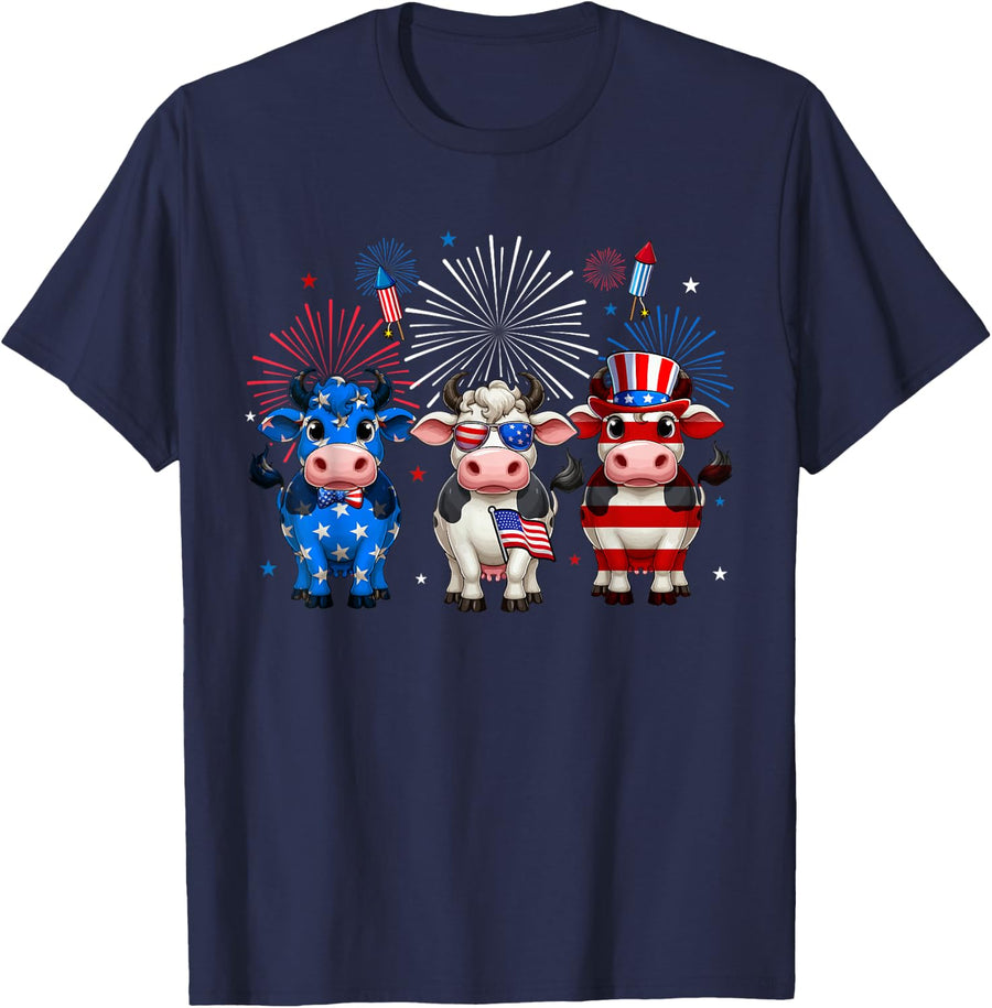 Three Red Blue White Cute Cows 4th Of July Farmer Rancher T-Shirt - Navy Blue