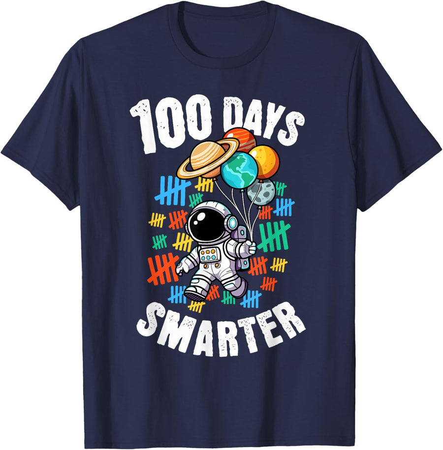 100 Days Smarter 100th Day of School Boys Astronaut Space T-Shirt - Navy Blue