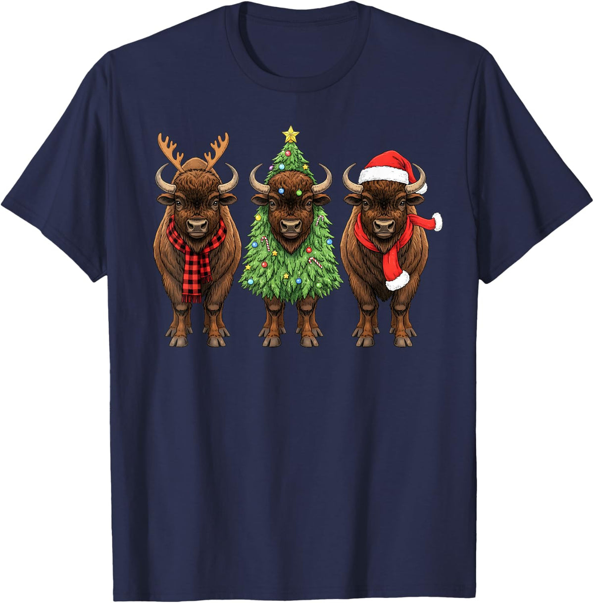 Retro Christmas American Bison Buffalo Santa Reindeer T-Shirt - Navy Blue