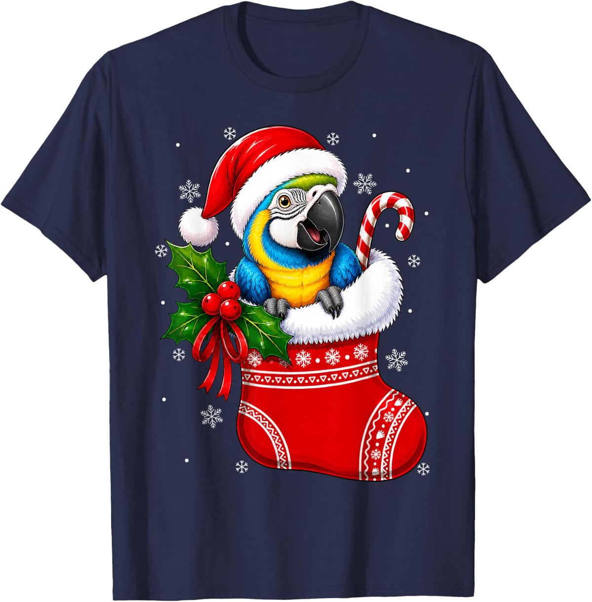 Macaw Parrot Christmas Stocking Cute Festive Macaw Xmas T-Shirt - Navy Blue