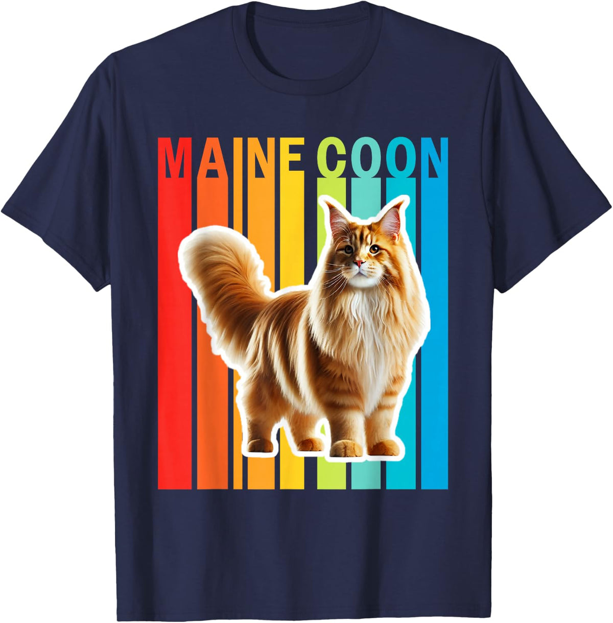 Maine Coon Cat Colorful Tee Shirt for Cat Lovers Cute Rainbow T Shirts - Navy Blue