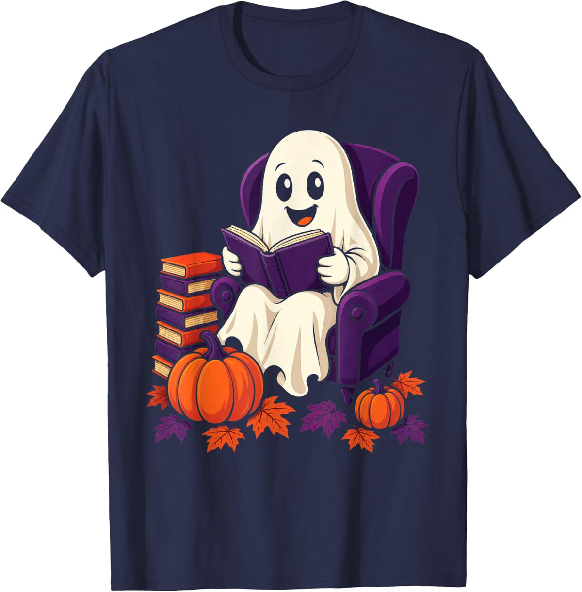 Halloween Book Lover Ghost Reading Pumpkin Autumn Cozy T-Shirt - Navy Blue