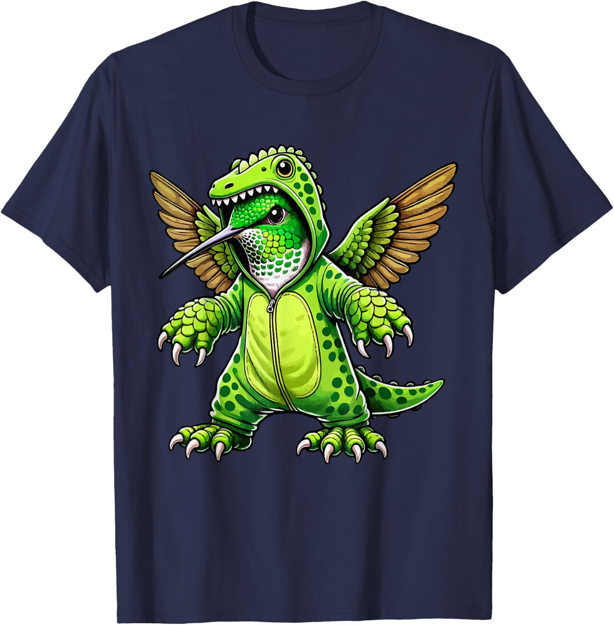 Hummingbird Wearing Dinosaur Costume Halloween Cosplay T-Shirt - Navy Blue