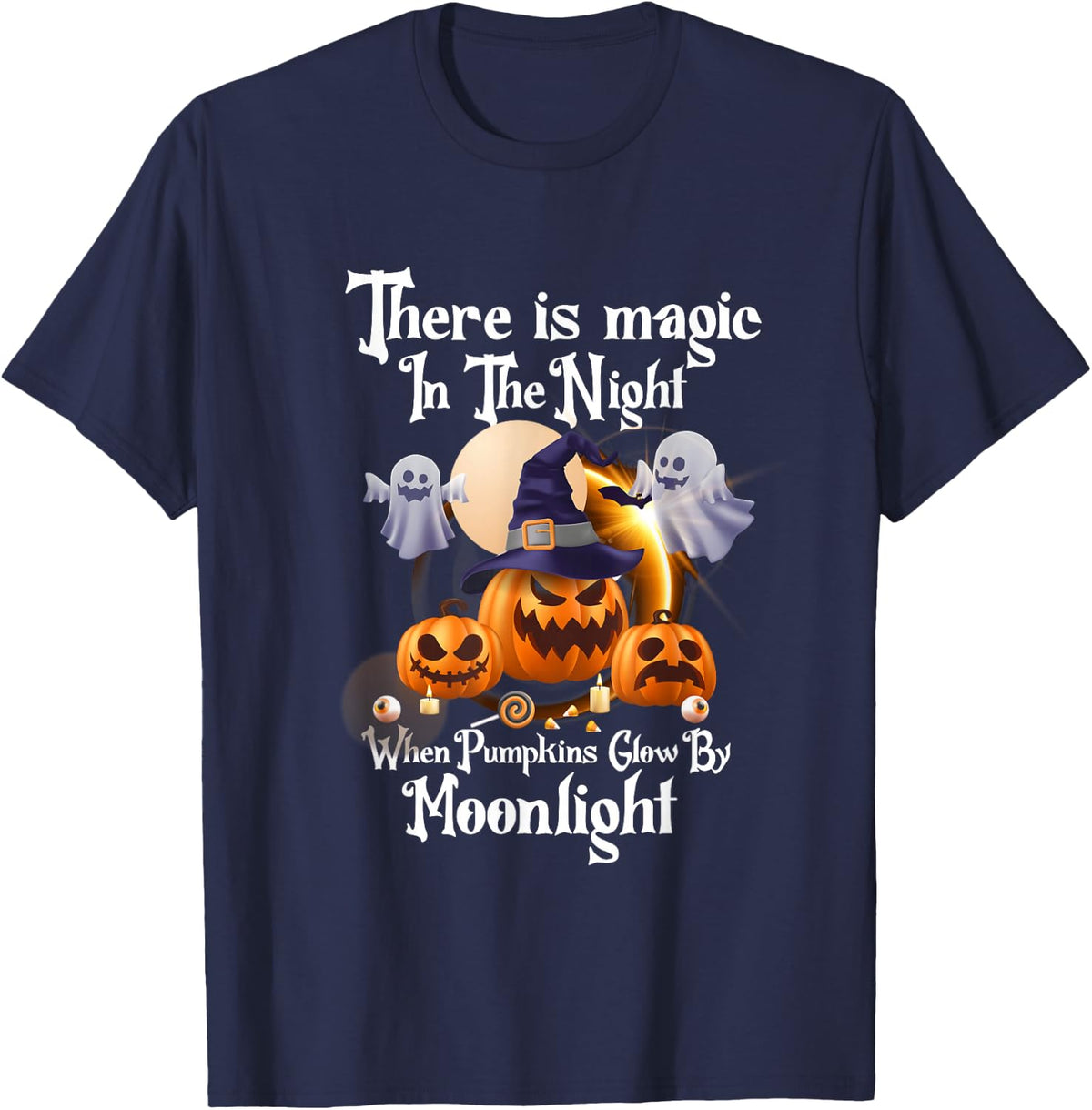 Magic in The Night Pumpkins Glow-Moonlight Halloween Ghost T-Shirt - Navy Blue