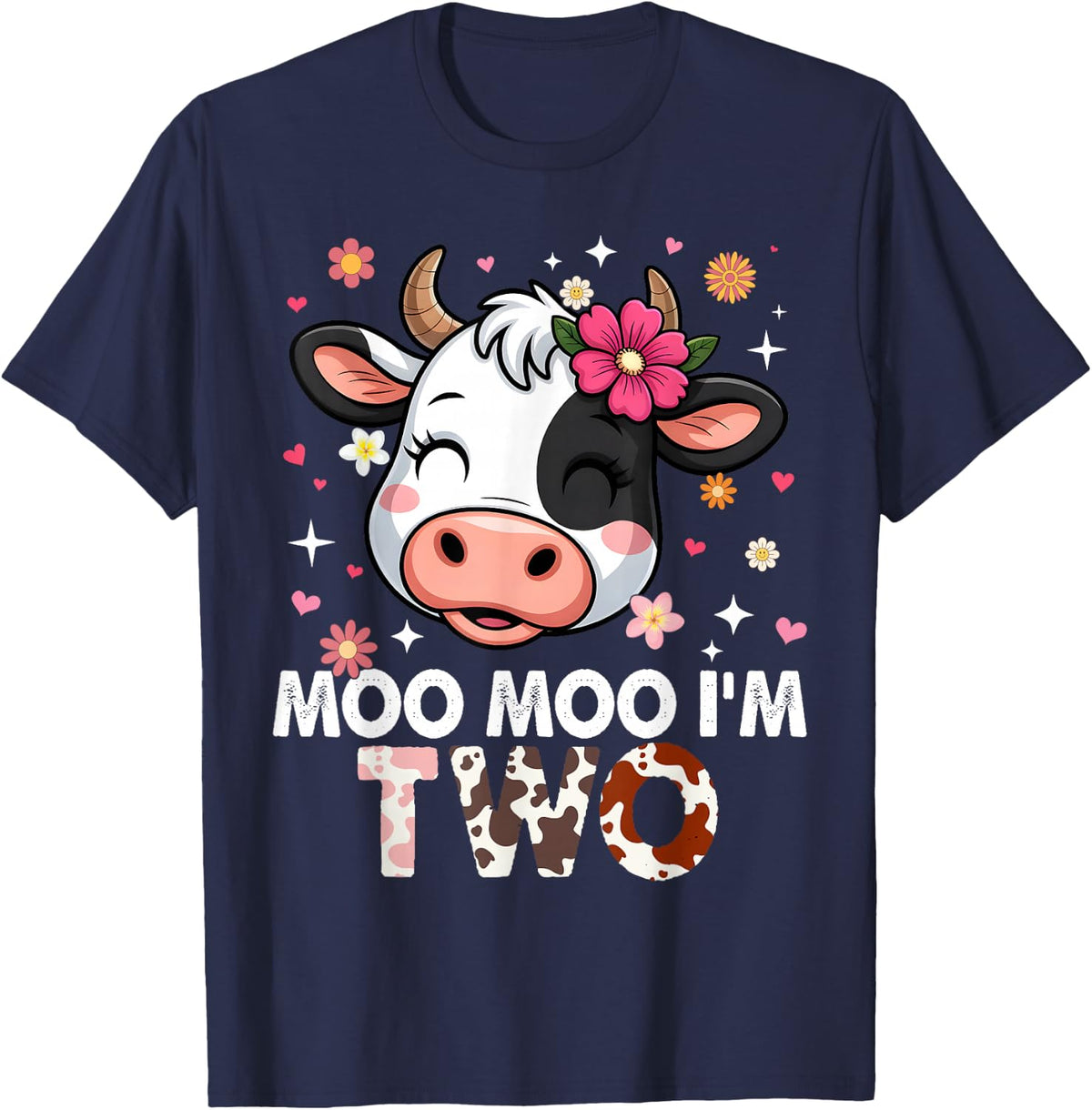 Moo I'm Two 2nd Birthday Cow Lovers Face Farm Life T-Shirt - Navy Blue