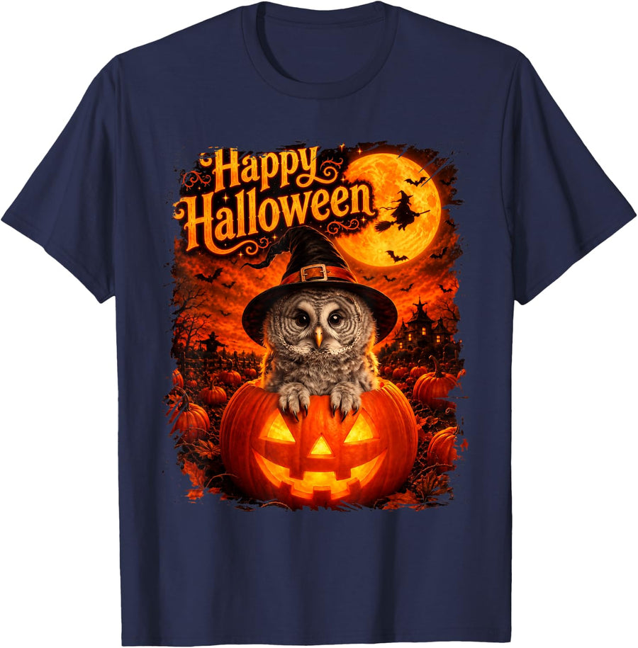Cute Great Grey Owl Happy Halloween Night T-Shirt - Navy Blue
