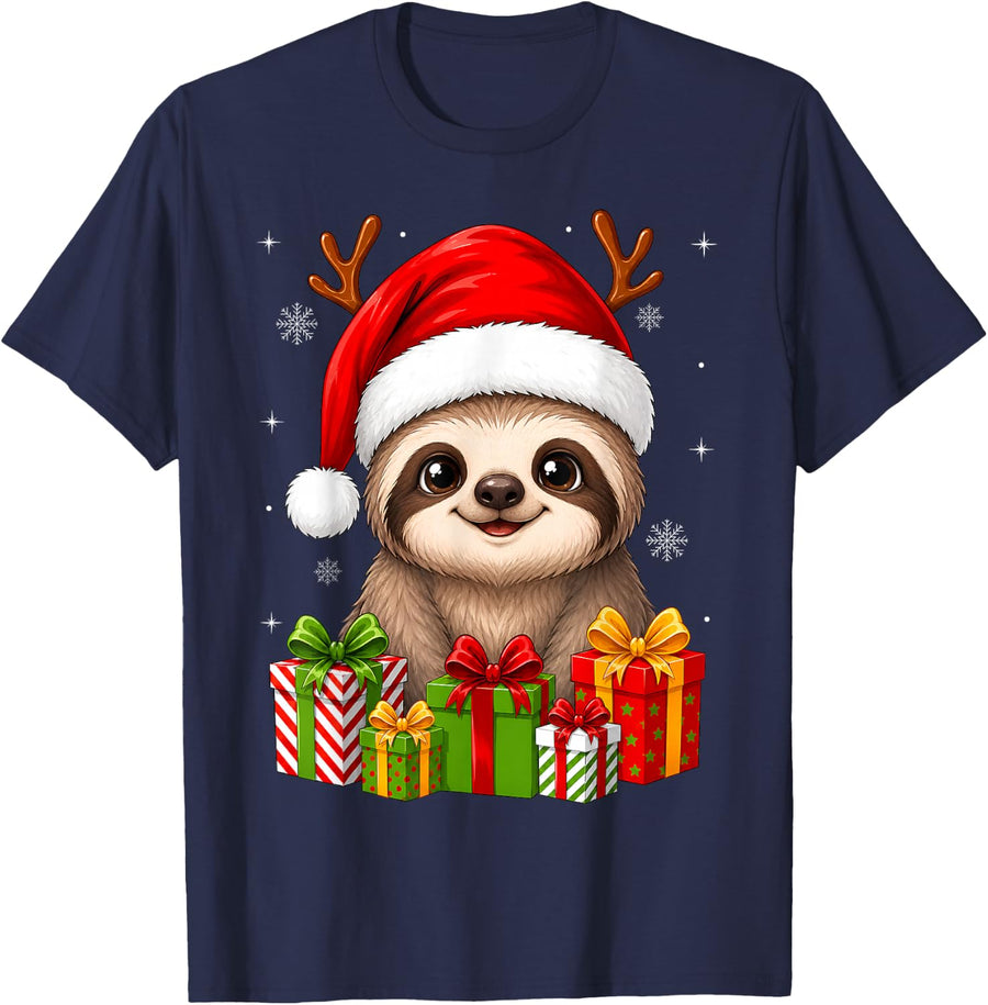 Sloth Xmas Decor Cute Festive Santa Hat Sloth Christmas T-Shirt - Navy Blue