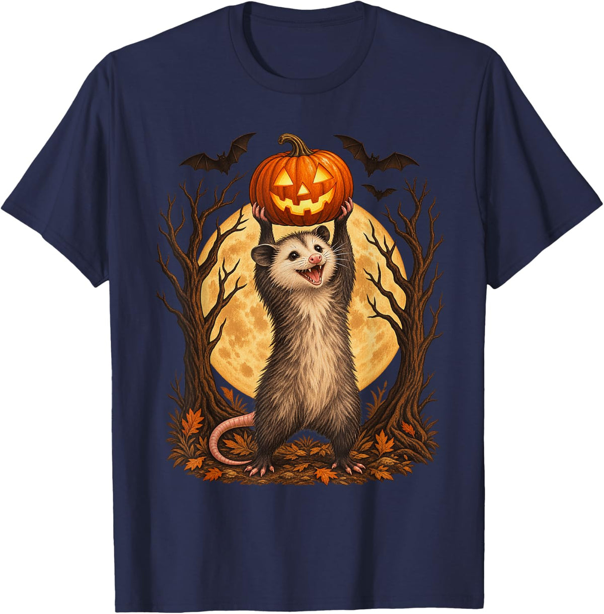 Funny Opossum Pumpkin Jack O Lantern Moon Halloween Bats Art T-Shirt - Navy Blue