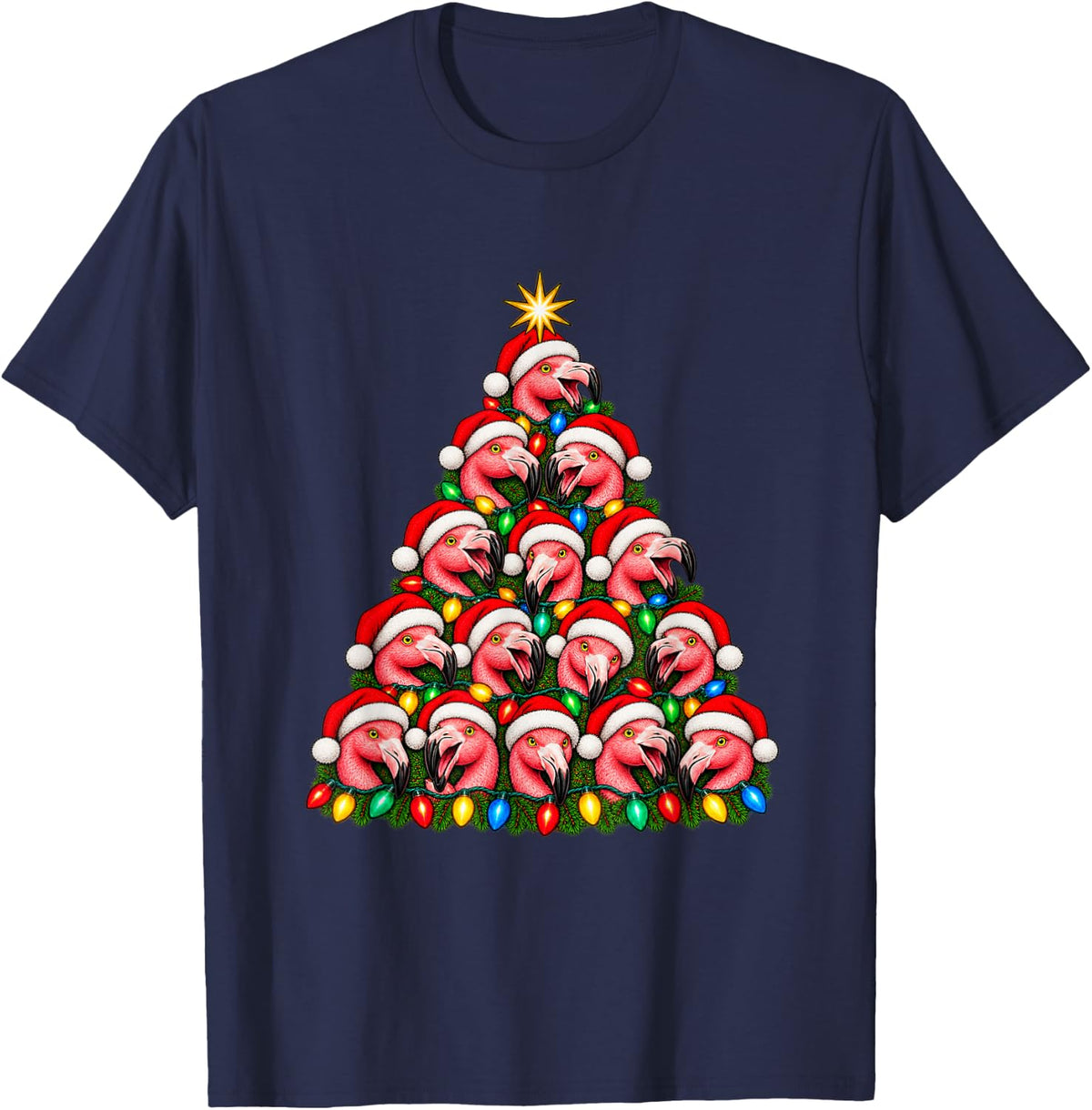 Flamingos Christmas Tree Cute Santa Hat Flamingo Lover Xmas T-Shirt - Navy Blue