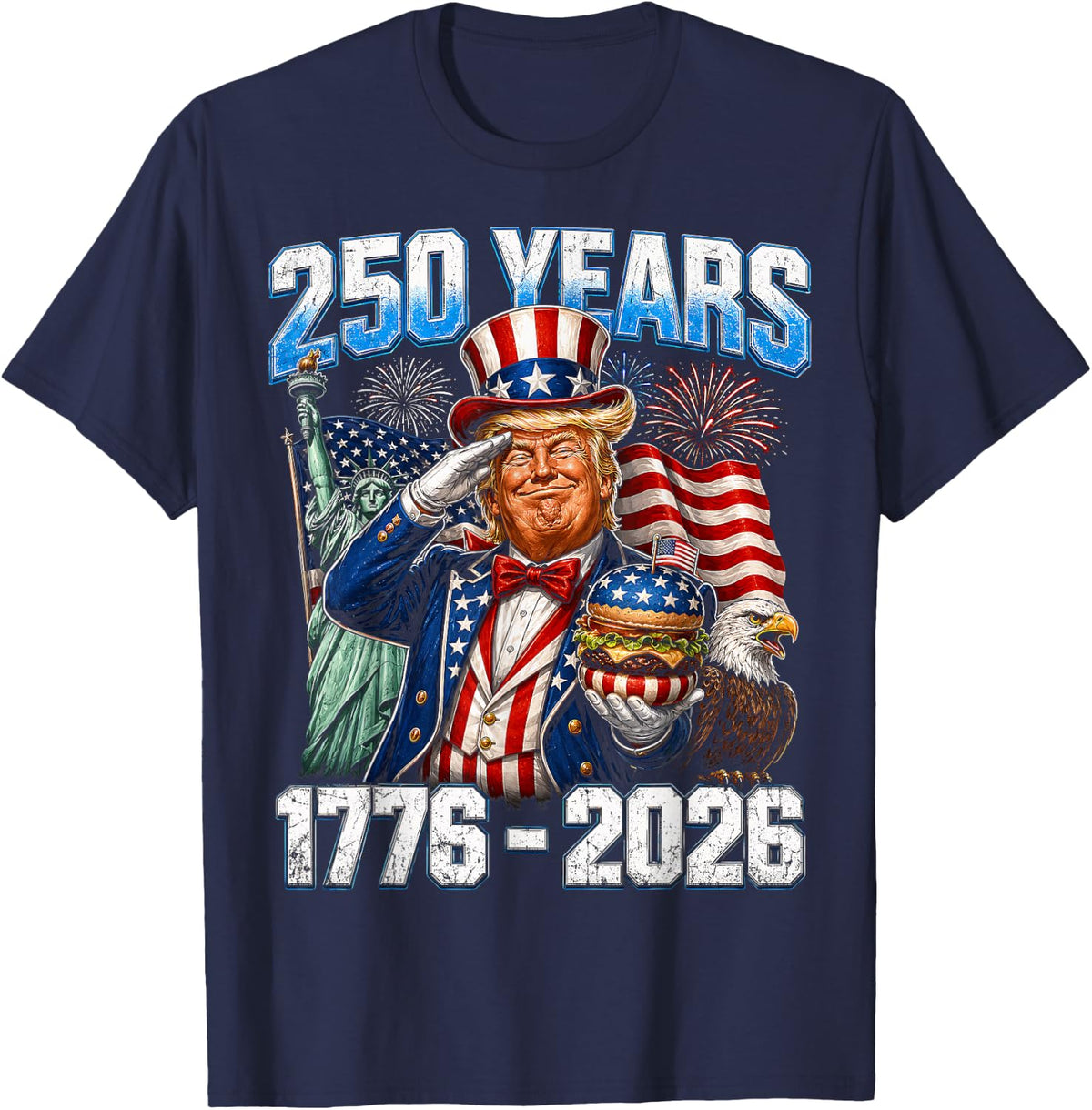 250 Years America 1776-2026 Uncle Sam Trump BBQ Party T-Shirt - Navy Blue