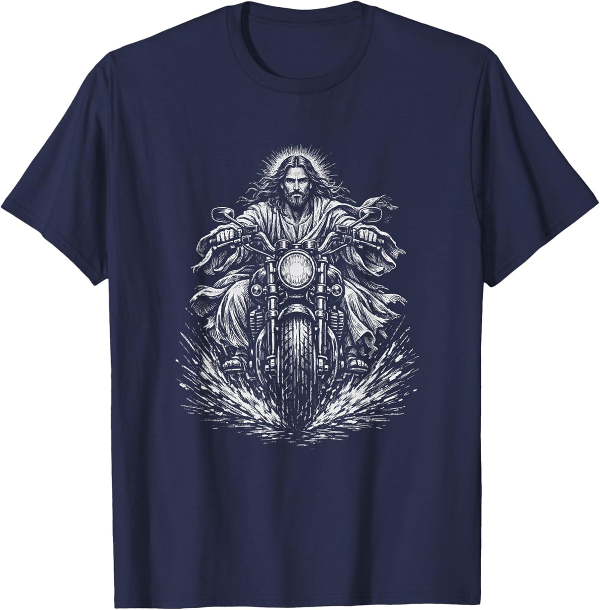 Jesus Christ Riding Motorcycle Christian Biker Religious Men T-Shirt - Navy Blue