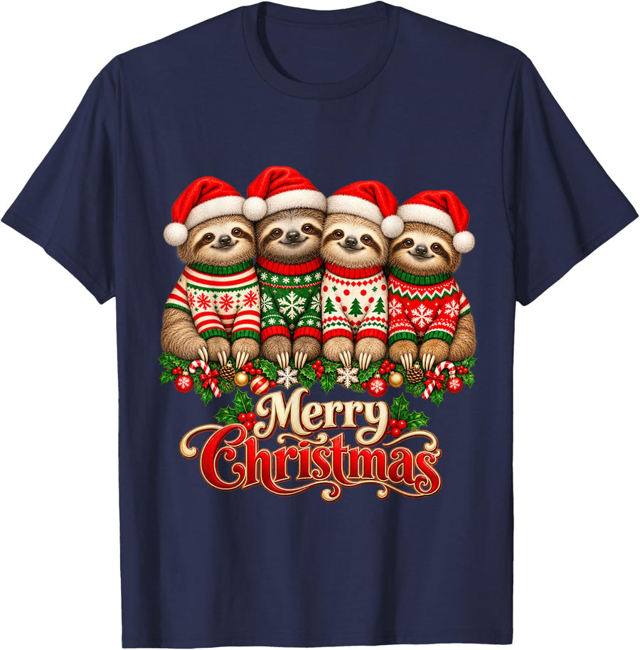 Merry Christmas Sloth Santa Hat Holiday Animal Lover T-Shirt - Navy Blue