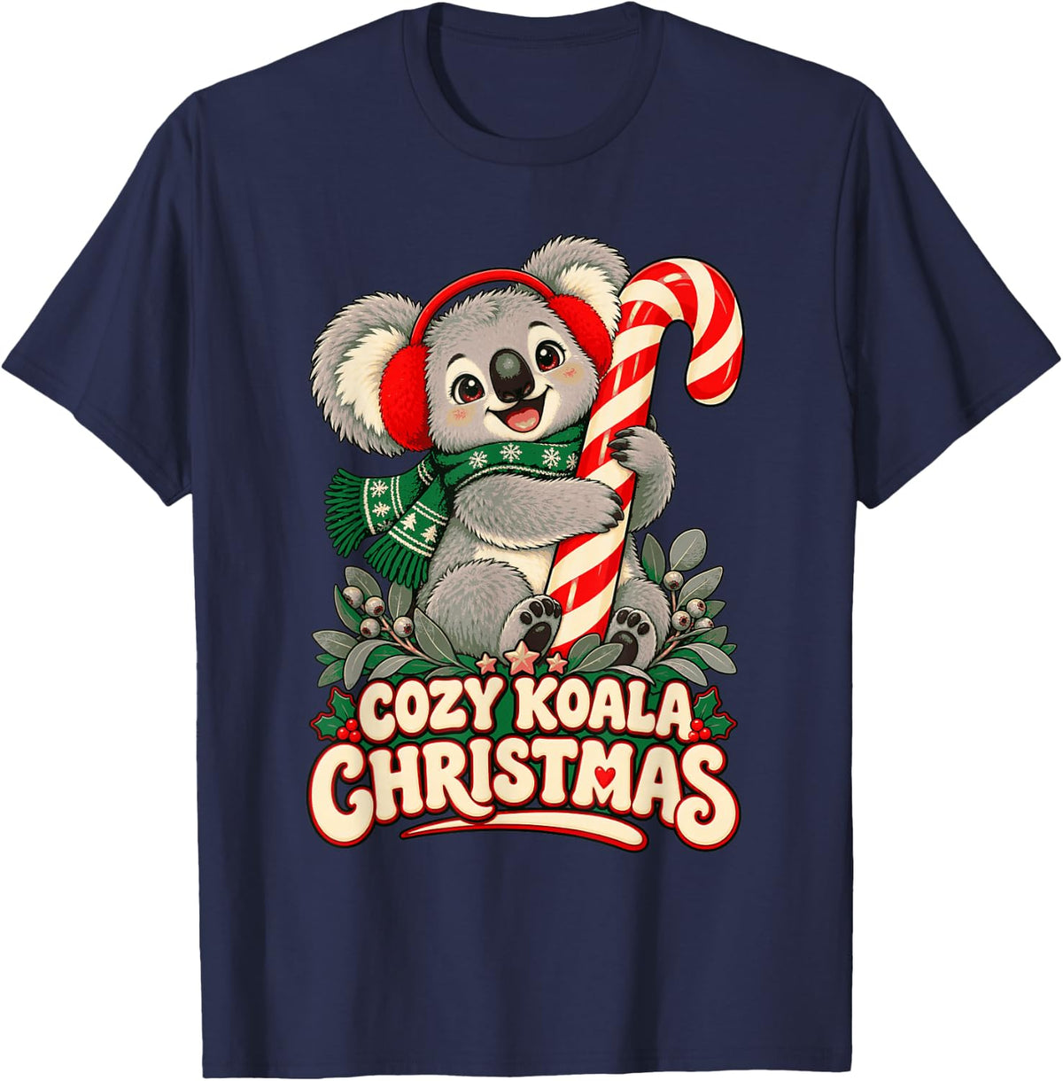 Cute Christmas Koala with Candy Cane Holiday T-Shirt - Navy Blue
