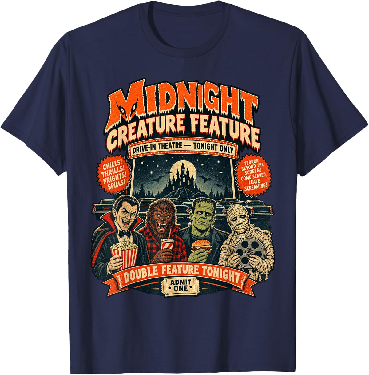 Vintage Halloween Midnight Creature Feature Horror Movie 80s T-Shirt - Navy Blue