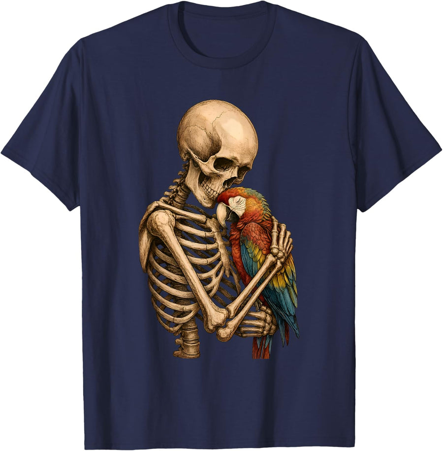 Skeleton Hugging Macaw Parrot Gothic Spooky Bird Lover T-Shirt - Navy Blue