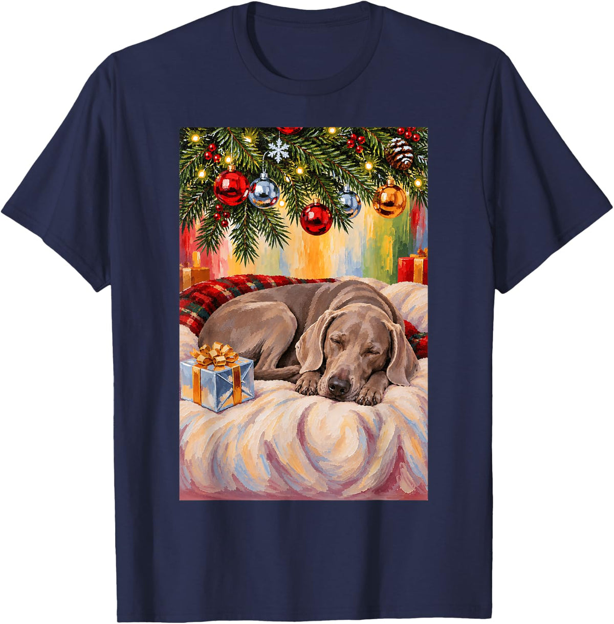 Funny Weimaraner Dog Sleeping Christmas Tree T-Shirt - Navy Blue