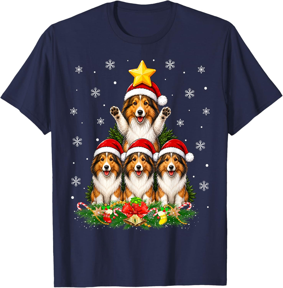 Cute Rough Collie Dog Christmas Tree Festive Xmas T-Shirt - Navy Blue