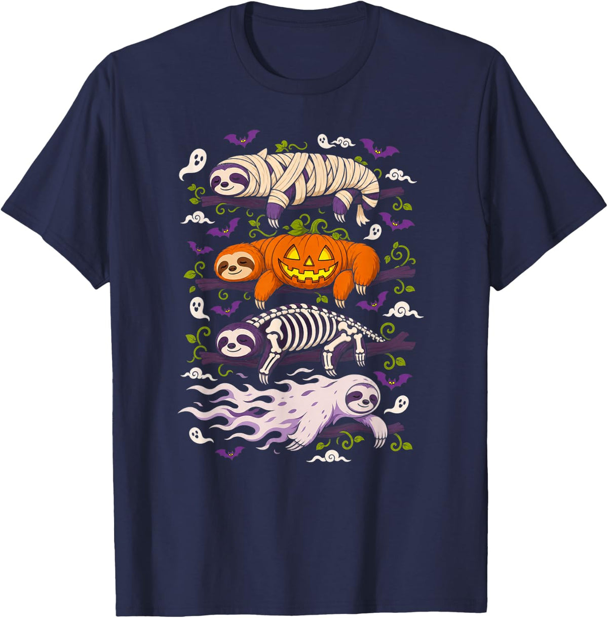 Halloween Sloth Mummy Pumpkin Skeleton Ghost T-Shirt - Navy Blue