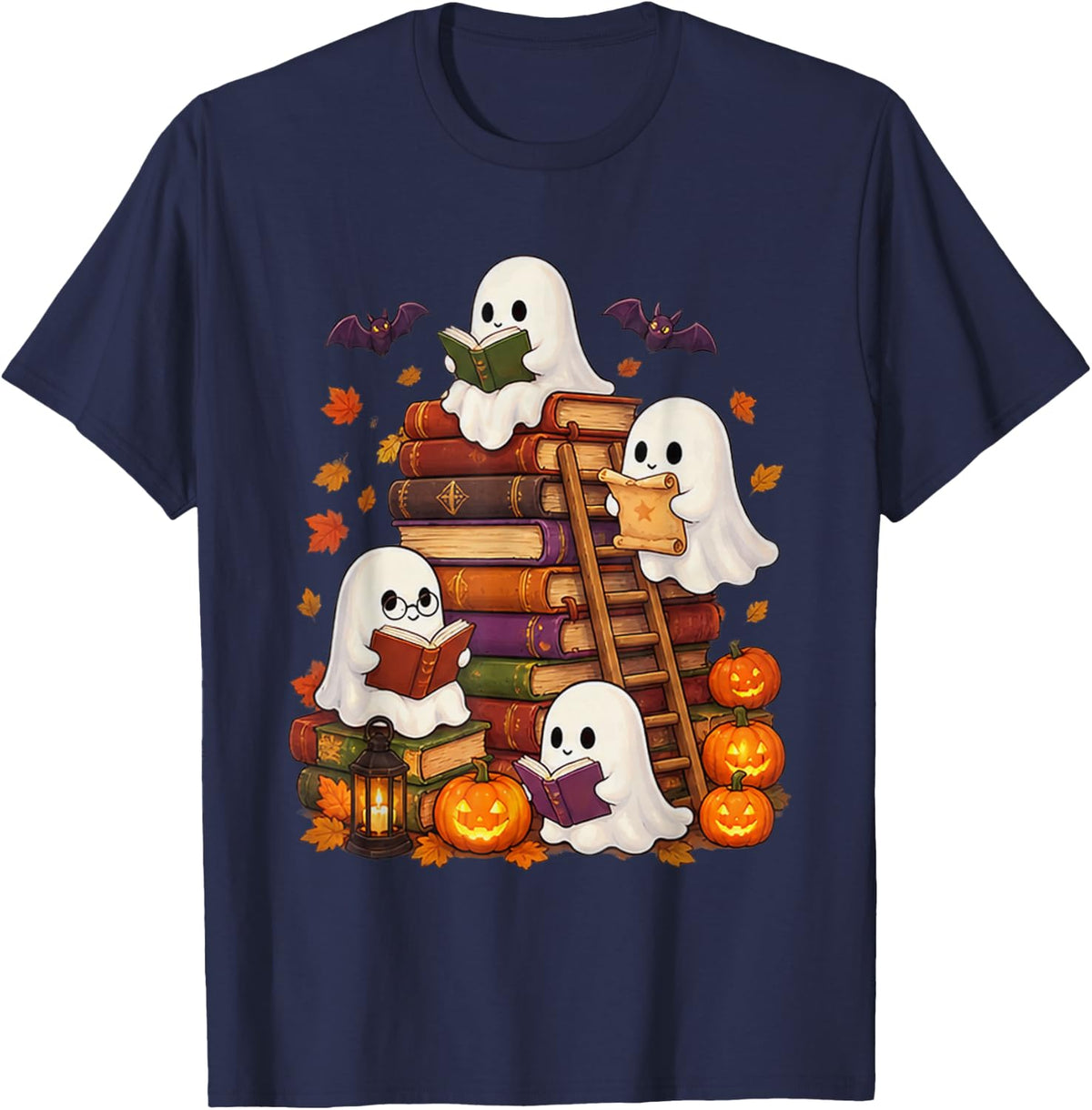 Cute Ghost Reading Book Lovers Halloween Autumn Fall T-Shirt - Navy Blue