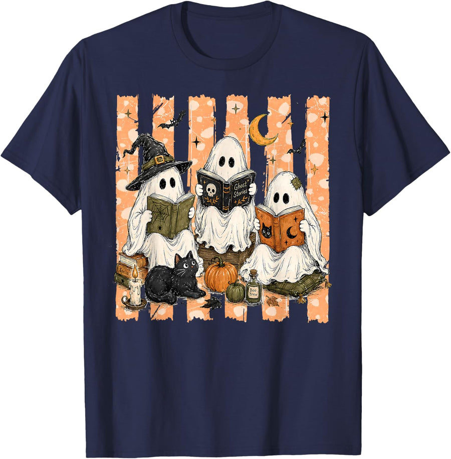 Spooky Ghost Reading Books Halloween Book Lover Black Cat T-Shirt - Navy Blue