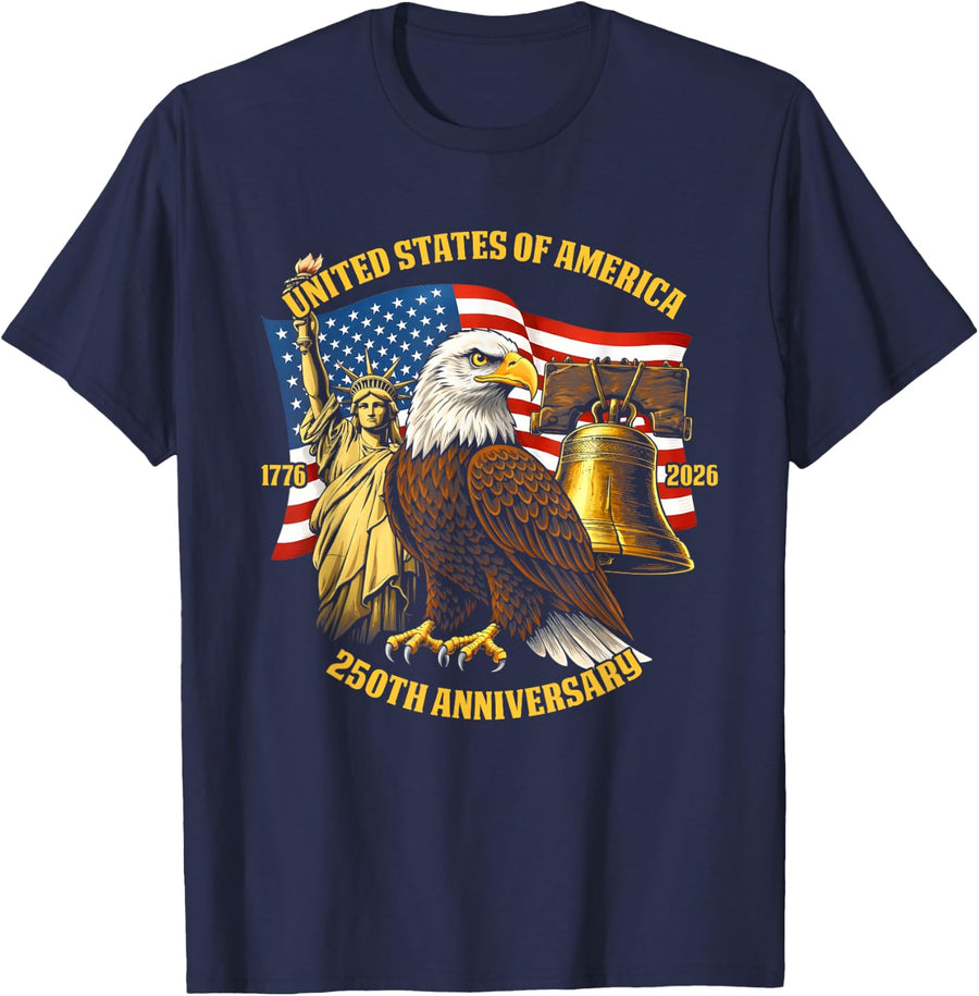250 Years 1776-2026 250th Birthday Eagle Liberty Bell T-Shirt - Navy Blue