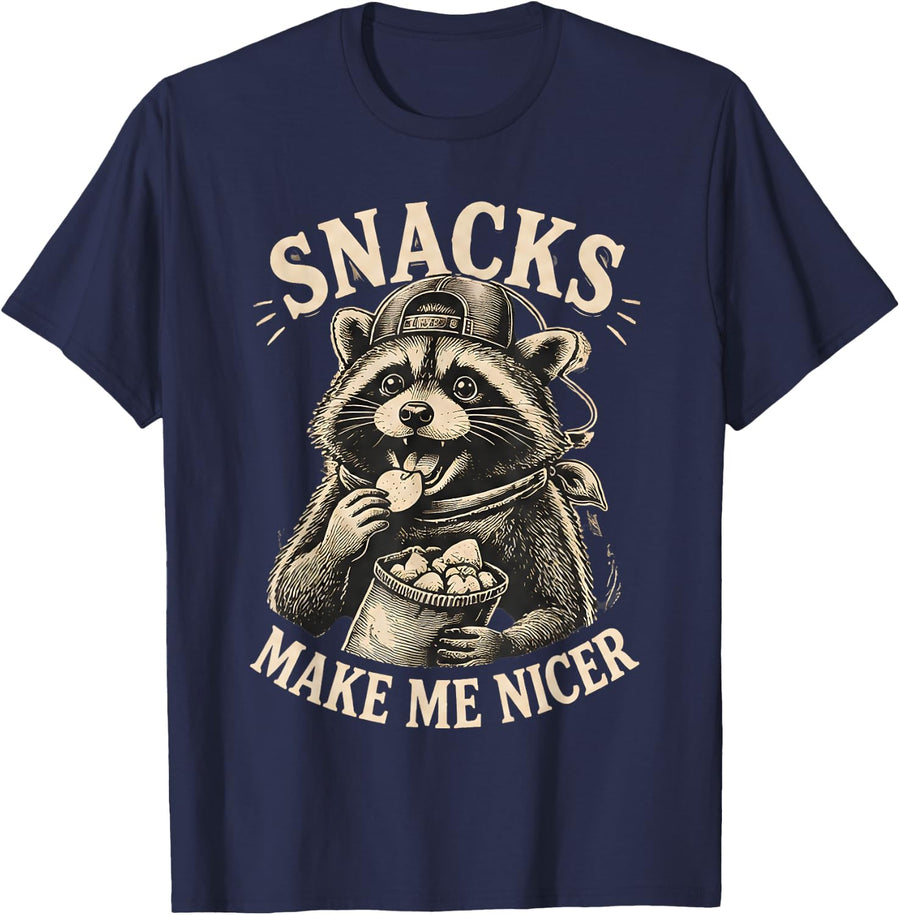 Trash Panda Raccoon Snacks Make Me Nicer Snack Food Funny T-Shirt - Navy Blue