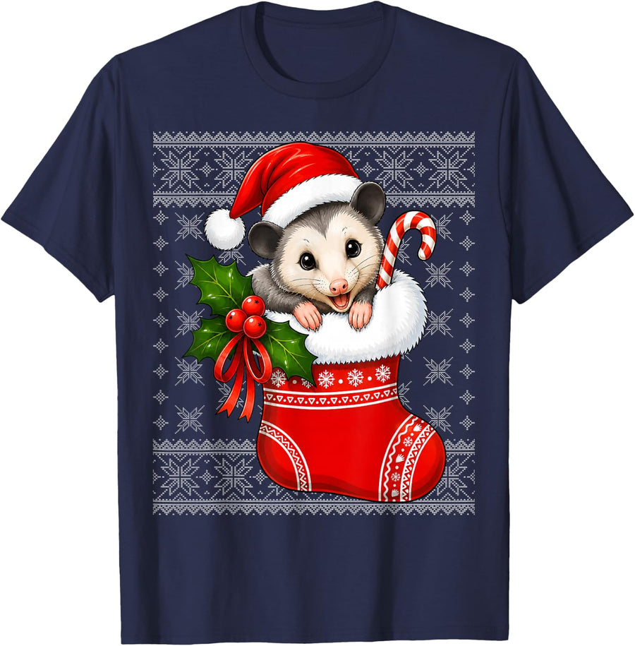Opossum Christmas Stocking Cute Festive Opossum Ugly Xmas T-Shirt - Navy Blue