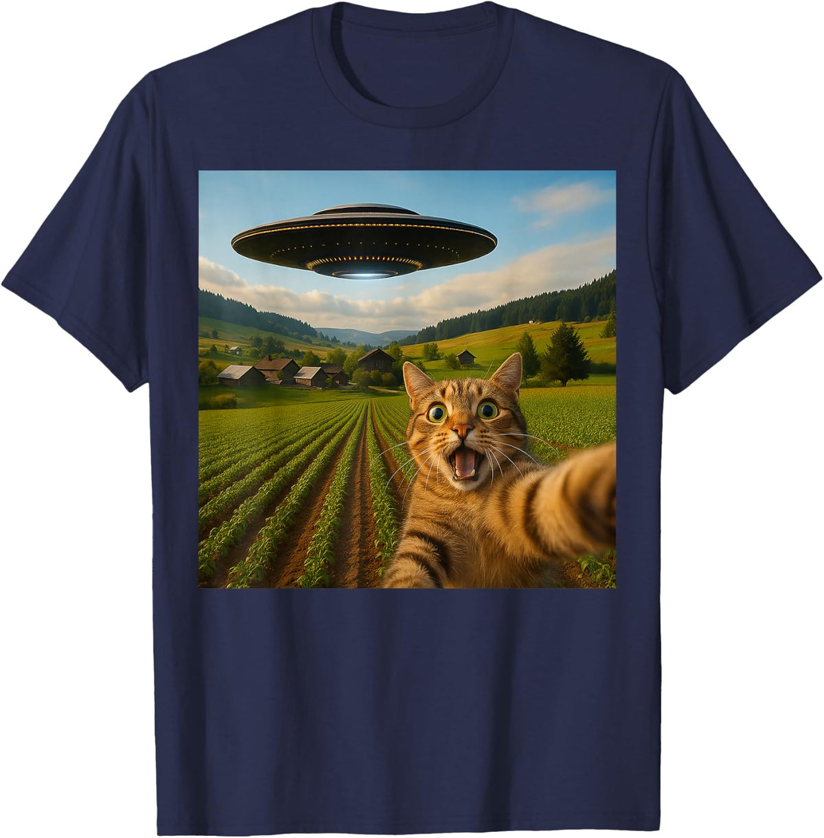 Funny Cat Selfie with Alien UFO for Men Women Kid T-Shirt - Navy Blue