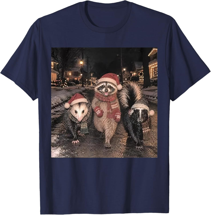 Christmas Raccoon Opossum Skunk Funny Winter Trash Panda T-Shirt - Navy Blue