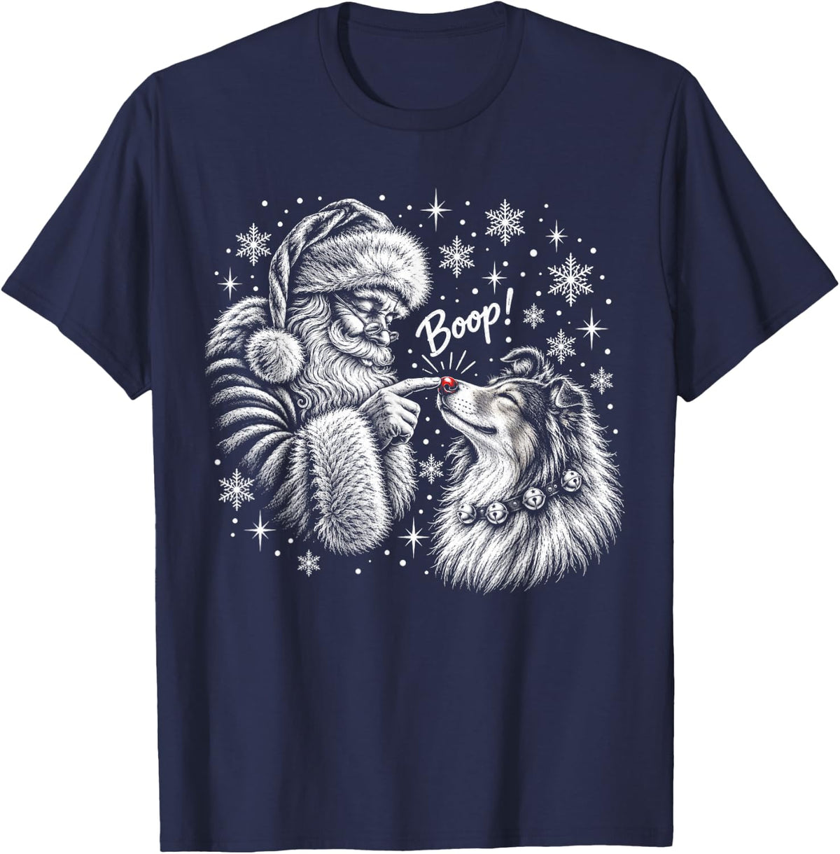 Collie Santa Boo-p Nose Touch Christmas Dog Lover T-Shirt - Navy Blue