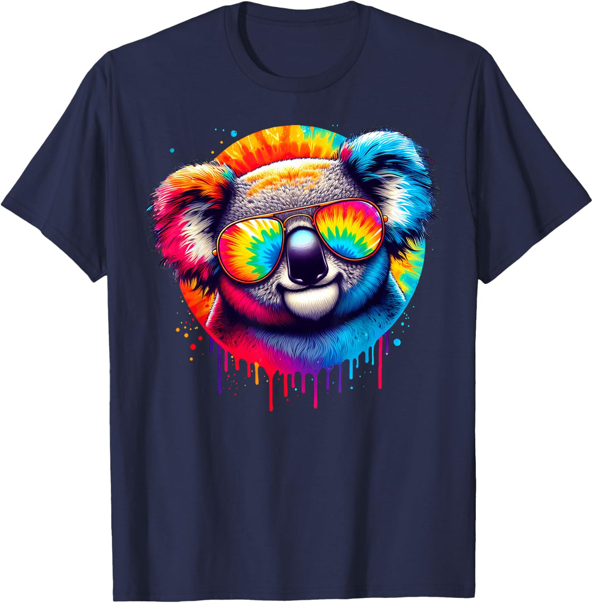 Cool Tie Dye Sunglasses Koala Graphic Illustration Art T-Shirt - Navy Blue