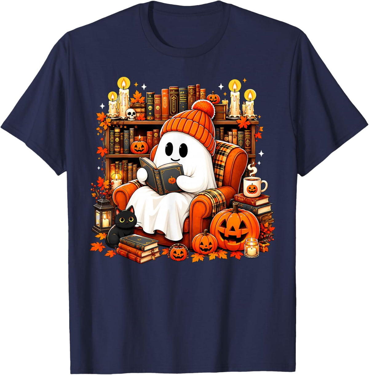 Cute Ghost Reading Book Lovers Autumn Fall Halloween Ghost T-Shirt - Navy Blue