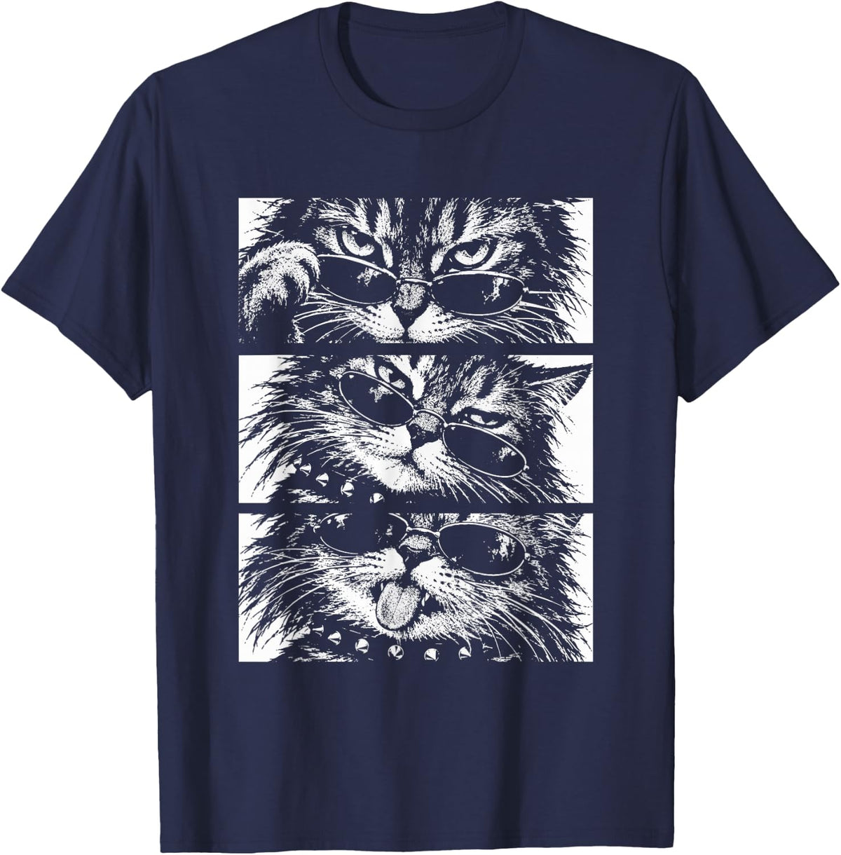 Punk Cats with Sunglasses Y2k Grunge Aesthetic 90s 2000s T-Shirt - Navy Blue