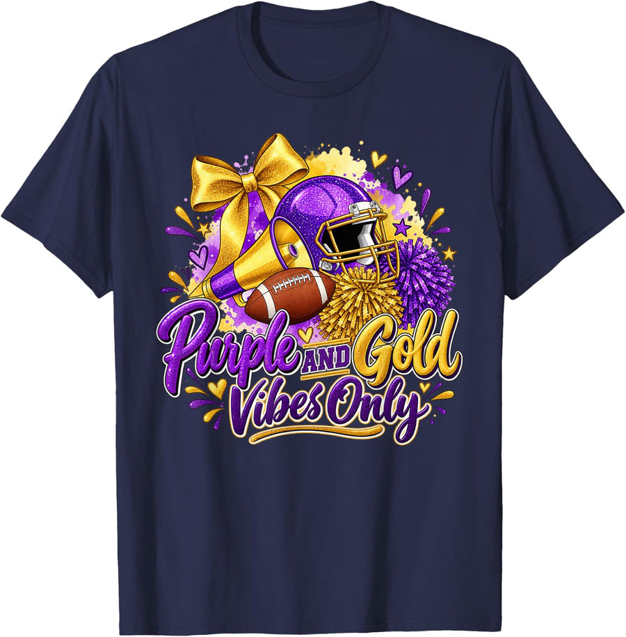 Purple Gold Vibes Only School Pride Team Retro T-Shirt - Navy Blue