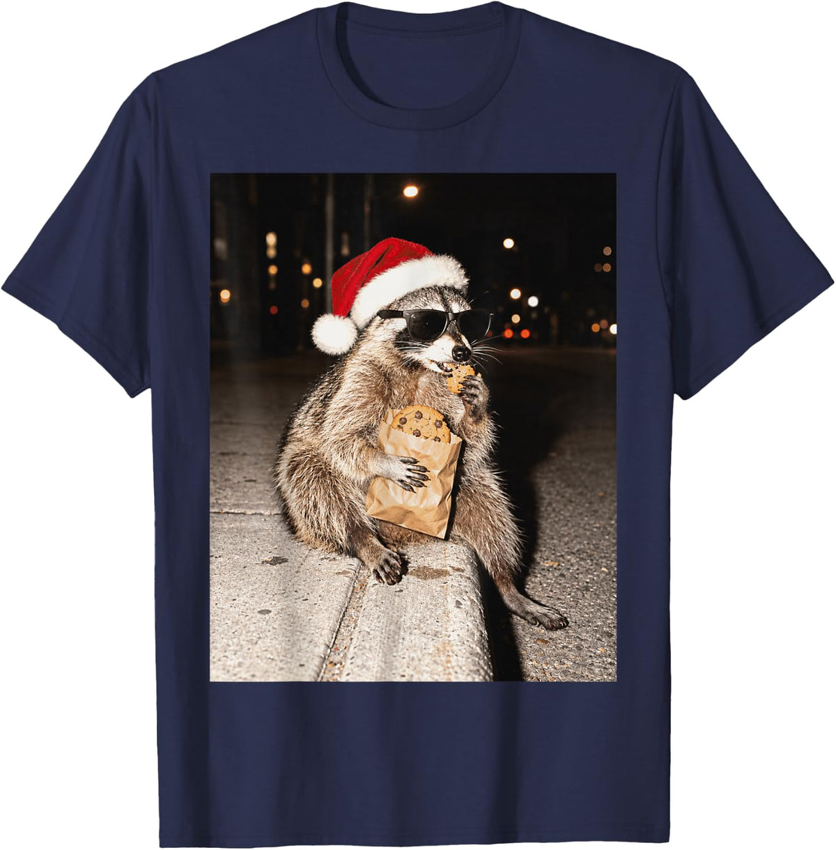 Christmas Raccoon Eating Cookies Funny Santa Hat T-Shirt - Navy Blue
